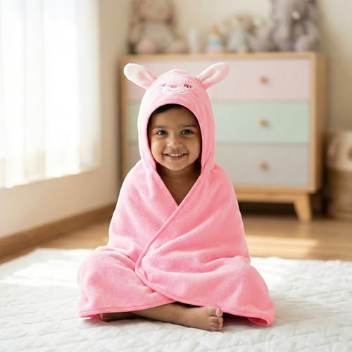 Image of Story@Home Towel for Kids with Hood | 300 GSM (80 X 80CM) Quick Dry Kids Towel | Soft Lightweight Baby Wrap for Beach |Pool Towel for Boys & Girls |Kids Microfiber Towels for Bath - Pink - Bunny