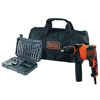 Foto di BLACK+DECKER Trapano a percussione a filo 710W azione martellante ad alte prestazioni per muratura metallo e legno velocità variabile per precisione include 32 accessori in borsa morbida BEH710SA32-QS