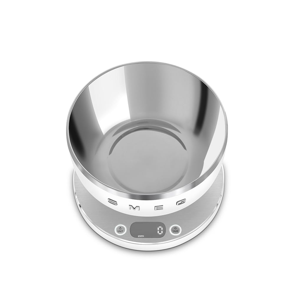 Smeg. Báscula de cocina digital blanca mate, medición precisa, acero inoxidable, uso doméstico. Capacidad de hasta 5 kilogramos