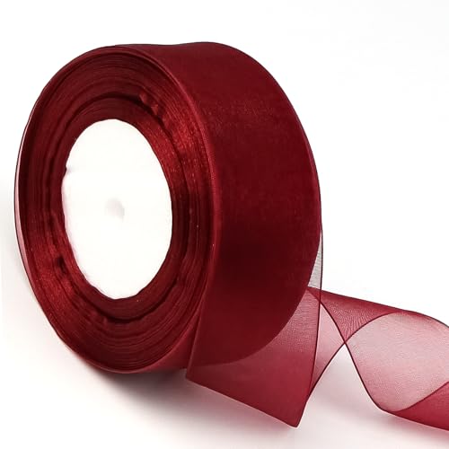 DRERIO オーガンジーリボン 幅広 長さ45m×4cm幅 巻 えんじ色 手芸 リボン クリスマス リボン 幅広 オーガンジーリボン 太め 透け感 質感がよい チュールリボン 結婚式（えんじ色）