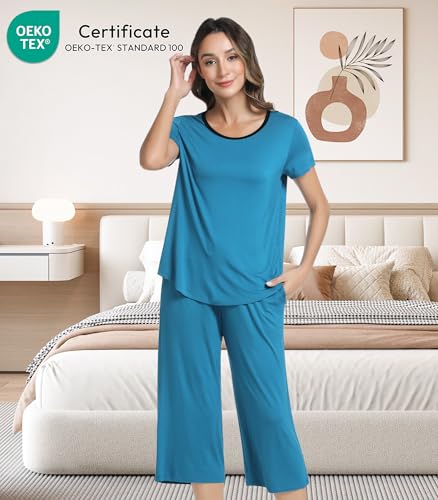 Image of NACHILA Bamboo Viscose Women's Pajamas Sets Short Sleeve Sleepwear and Capri Pants
