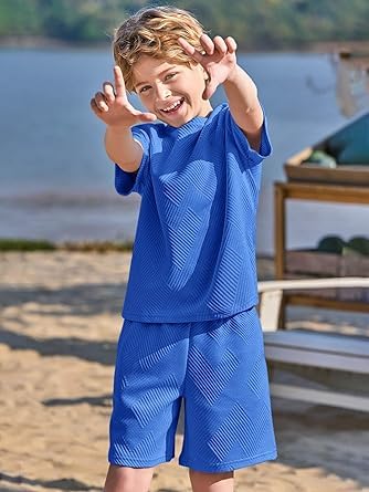 Haloumoning Ensemble de vêtements d'été pour garçon - Couleur unie - T-shirt à manches courtes avec short élastique - Ensemble de vêtements décontractés avec structure