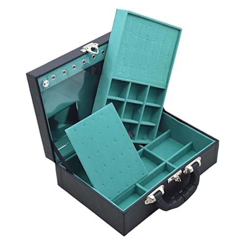 Caixa Maleta Estojo Porta Joias Bijuterias Dupla Media com espelho Preta(INTERNO VERDE TIFFANY)