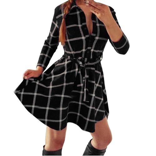 Robe chemise à carreaux avec manches 3/4 boutonnée pour femme