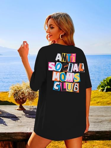 Anti Social Mom Club Shirt Oversized Mama Shirts Funny Mom Life Graphic Tee Casual Short Sleeve Tops3