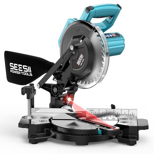 SEESII Power Compound Miter Saw: 8-inch Compact Miter Saw with Speed 4900RPM - Laser Guide - Precision Miter Angles - Lightweight Design - Single Bevel 0-45° for Carpenter Woodworking Project DIY