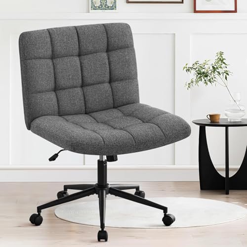 Image of Nutech Decor Armless Office Desk Chair - Linen Fabric Padded Swivel Adjustable Home Office Chair with 360 Wheels, Wide Criss Cross for Desk, Living Room (ND-Linen-Darkgrey-Wheel)