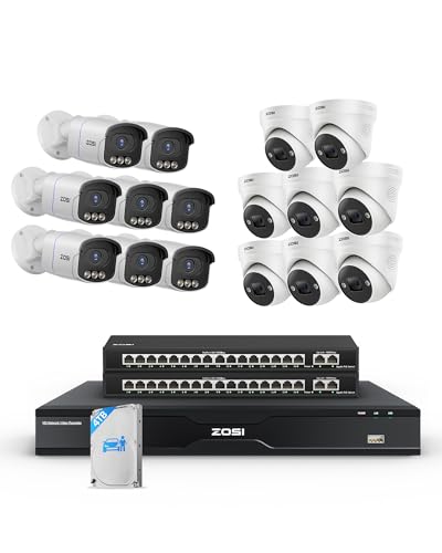 Image of ZOSI 32CH 4K PoE Security Camera System,16 x 8MP Full Color Night Vision Outdoor PoE Cameras,Person Vehicle Detection,Spotlight Siren,2 Way Audio,32CH Business NVR with 4TB HDD for 24 /7 Recording