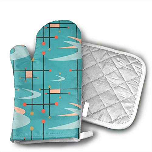 Mid Century Modern Boomerangs On Turquoise Oven Mitts,Non-Slip Oven Mitts, Extra Long Kitchen Mitts, Heat Resistant To Degrees Kitchen Oven Gloves… #TOP19