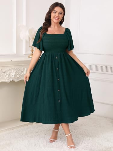 Image of Plus Size Casual Maxi Boho Dress for Curvy Women Short Sleeve Square Neck Smocked Summer Beach Dresses Button Down