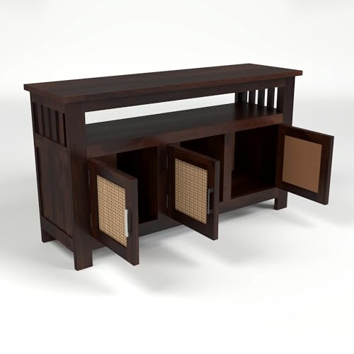 Image of Sheesham Wood Kitchen Cabinet with Cane Woven Doors | Solid Wood Storage Sideboard with Open Shelf & 3 Door Cabinet | Rosewood Storage Cabinet for Living Room (Walnut Finish)