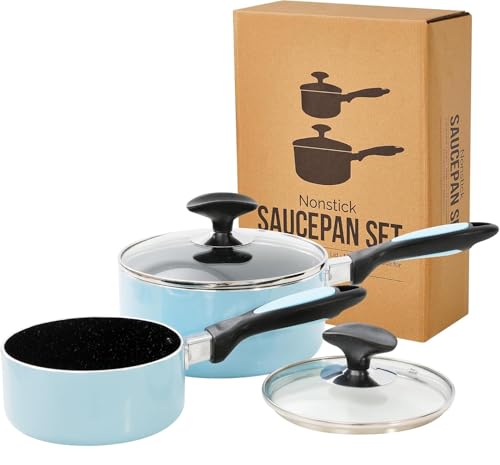 HooJay Nonstick Saucepan Set with Lid, Non Stick 1Qt & 2Qt Sauce Pan Set with Glass Lid Small Pot for Home Kitchen
