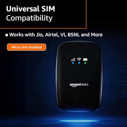 Image of Amazon Basics 4G LTE Wireless Dongle with All Sim Network Support|Single Band Plug & Play Data Card Stick with Up to 150Mbps WiFi Hotspot|2200Mah Rechargeable Battery| Sim Adapter Included (Black)