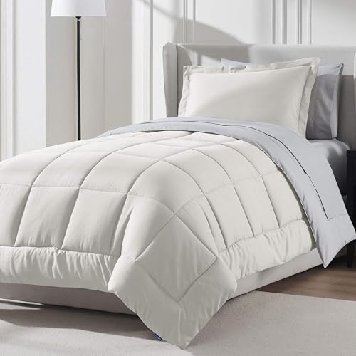 Nestl 5 Piece Twin Comforter Set – Off White Reversible Bed in a Bag – Complete Twin Size Bedding Set with Sheets, Pillowcase and Sham