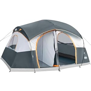 UNP Camping Tent 8/9 Person, Family Camping Tent, 5 Large Ventilation Mesh Windows, 14’x14’x78 inches Tall with Dividers Curtain for 2 Room
