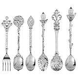 6PCS Silver Vintage Teaspoon Set - Zinc Alloy Cutlery for Coffee, Desserts Cocktails,Luxe Baroque-Inspired Kitchen Tableware with Intricate Carvings
