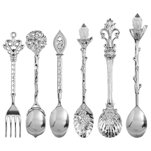 6Pcs Coffee Spoon Carved Teaspoon,Vintage Retro Style Dessert Spoons Silver