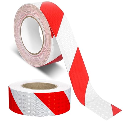 SKIKHN Bande Reflechissante Autocollante,25m X 5cm Ruban Réfléchissant Rouge et Blanc,Ruban Adhésif d'Avertissement de Sécurité Visible,étanche Rubalise...