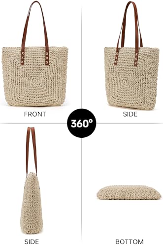 Straw Beach Bag Leather Tote Bag for Women Woven Shoulder Crochet Purse Beach Clutch Purses for Travel Vacation