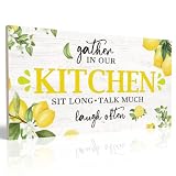 Farmhouse Lemon Kitchen Sign - Gather in Our Kitchen, Laugh Often - Solid Wood, Easy to Hang, 6 x 12