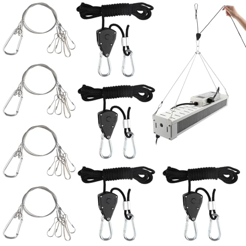 4 piezas de trinquete con gancho y 4 tensores de cuerda, cable de 1/8 pulgadas, cuerdas tensoras con tensor de cuerda para grifería de luz de cultivo, lámpara para plantas, jardinería, camping cuerda