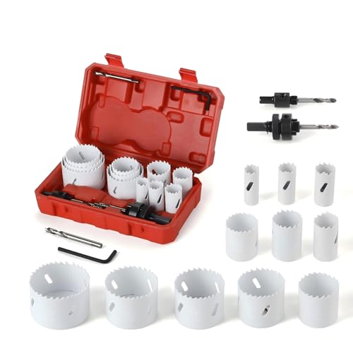 Maycraft Hole Saw Kit, 17 Piece Set- Includes 11 Saw Blades (3/4" to 2-1/2"), 2 Arbors, 3 Pilot Drill Bits, and 1 Hex Wrench, Ideal for Cutting Metal, PVC, Plastic, and Drywall