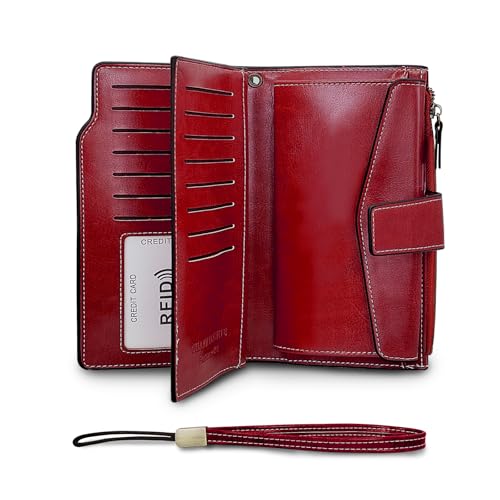 FuninCrea Wallets for Women RFID Large Capacity Leather Purses for Women with 20 Card Slots and Zipper Coin Pocket, Fashionable Wristlet Wallet Ladies Wallet with Removable Wrist Strap (Red)