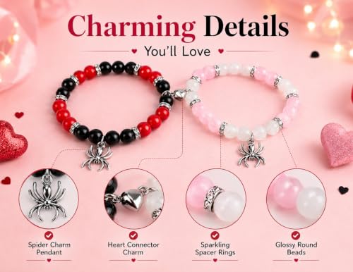Image of Spider-Man Inspired Couple Bracelets 2pcs - Magnetic Attraction Heart Charm, Glass Beads, Spider Pendant, Marvel Theme Party Accessory, Valentine's Day Gift, Suitable for All Seasons