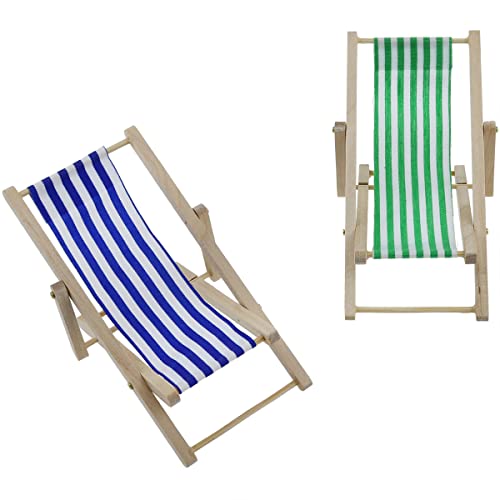 Haidong Mini Wooden Beach Chair Mini Wooden Folding Beach Sunbathing Chair Foldable Wooden Beach Chair Model Doll Folding Chair For Doll House Home Desk Garden Decoration (Green*1+Blue*1)-2Pcs #TOP5