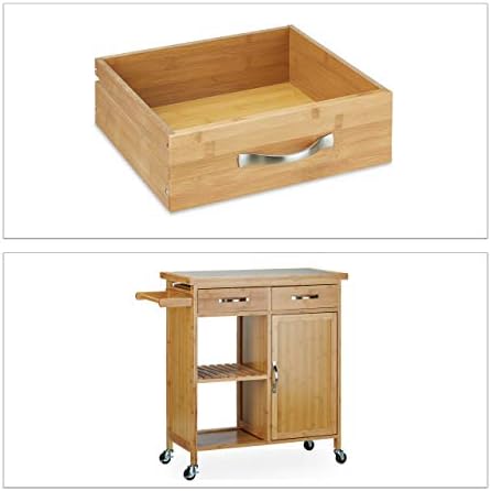 Relaxdays Wooden Kitchen Cart, Bamboo, 4 Wheels, Marble Tabletop, with Drawer, HxWxD: 85.5 x 89.5 x 36 cm, Natural