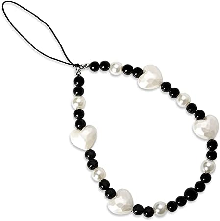 Kilener Heart Phone Charm Beaded Phone Lanyard Wrist Strap Bead Chain for Phone Case Phone Charms for Women Girls Anti Lost Phone Strap Heart Phone Chain Black and White Beaded Phone Charm Accessory image 2