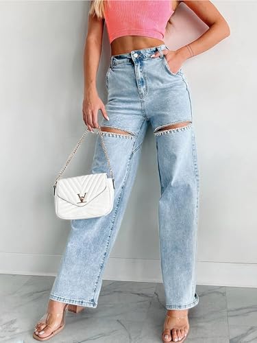 Womens High Waist Ripped Jeans Sexy Pearl Chains Rhinestones Straight Leg Stretch Distressed Denim Pants4