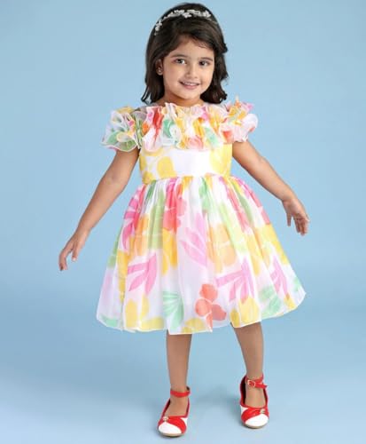 Image of Buy & Try Beautiful Off Shoulder Printed Georgette Birthday Dress for Baby Girls | Stylish Outfit for Kids | Comfortable & Trendy Off Shoulder Dress for Special Occasions