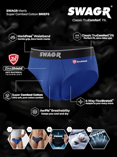 Image of SWAGR 5 Pack Men's Super Combed Cotton Underwear Briefs | Classic TruComfort Fit | Powered by ZincShield Anti-Bacterial Tech | Aerflo Breathability | 4-Way FlexStretch | SOXCO Style SG03