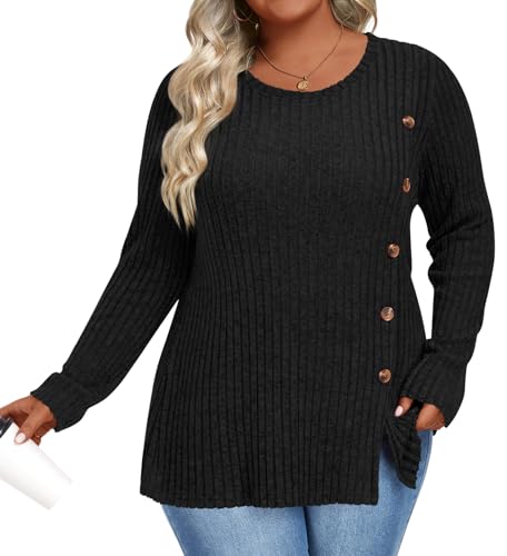 Image of HOTGIFT Womens Plus Size Sweater Tops Long Sleeve Crewneck Casual Tunic Shirts Buttons XL-5XL Blouse Soft Comfy Fashion