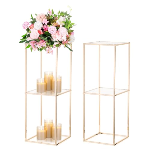 Nuptio Florero Oro Centros de Mesa: 2 Piezas 80cm Altura Flor de Pie con 2 Capas Acrílico Panel de Metal Piso Geométrico Columna Jarrones para Boda Centro Decoraciones de Fiesta de Cumpleaños