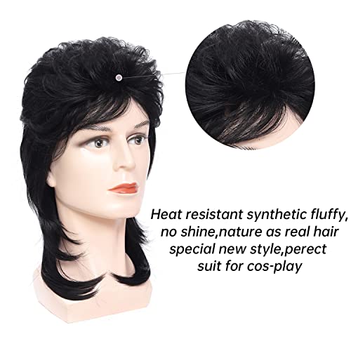 Image of Men's 80s Mullet Wig Set, Vintage Mullet Rock Wig for Country Rocker Halloween Party and Cosplay (Black)