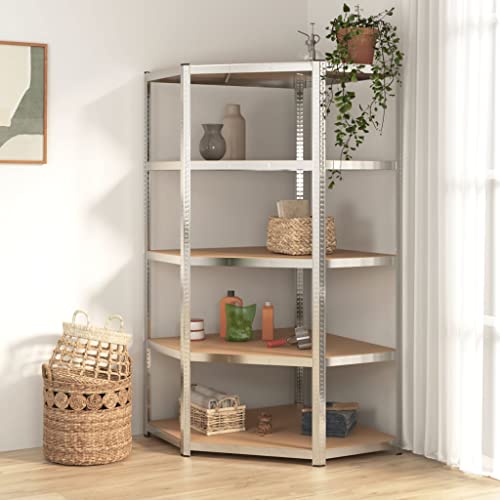 ULUYYUC 5-Tier Corner Shelf Silver Steel&Engineered Wood Heavy Duty Shelving Unit 35.4x35.4x78.7 Inches Adjustable Storage Rack for Garage Kitchen Bathroom Organization