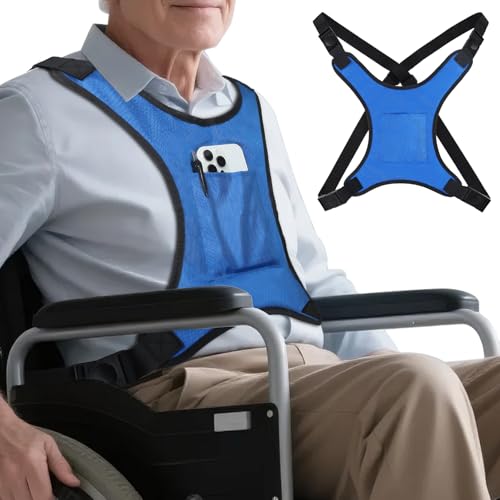 Wheelchair Seat Belt Harness for Adults, Adjustable Safety Vest with Pocket, Chest Harness Strap for Elderly Seniors and Disabled Patients to Prevent Sliding – Blue