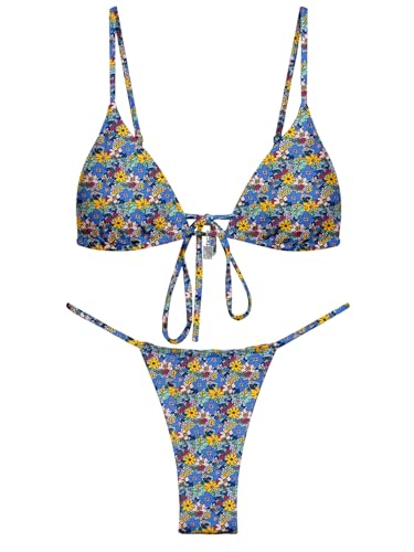 Image of OWICA Women's Sexy Triangle Bikini Sets Cheeky Thong Swimsuit Adjustable Spaghetti Straps Bathing Suit
