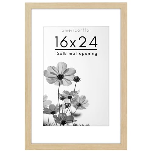 Americanflat 16x24 Poster Frame in Natural Oak - Use as 12x18 Picture Frame with Mat or 16x24 Frame Without Mat - Wide Engineered Wood Frame, Plexiglass Cover, and Hanging Hardware for Wall