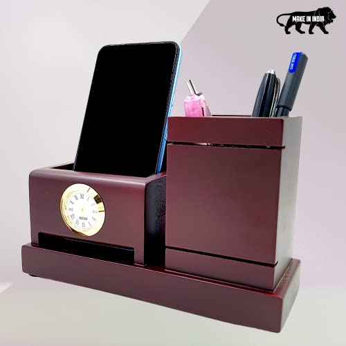 Image of WOOD HOUSE WOODHOUSE Wooden Pen Stand and Mobile Stand with Clock for Office /Study Table II Pen Stand for Teachers Doctors Advocates (Wood),Stationary, Brown