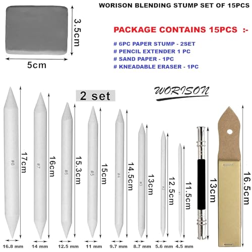 Image of worison 15 Piece Blending Stumps Set - Includes Sandpaper Pencil Sharpener, Pencil Extender and Kneaded Eraser, Complete Sketching and Shading Tool Kit for Artists, Students and Hobbyists