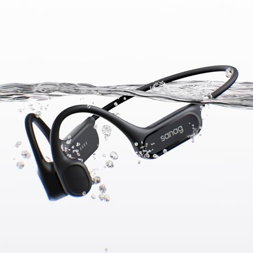 SANAG B33S Auriculares Conduccion Osea Natacion, IPX8 Impermeable, Open Ear Bone Headphones, Cascos Bluetooth con Micrófono, Reproductor MP3 de 32GB, 8H Autonomía para Natación, Nadar, Correr, Negro