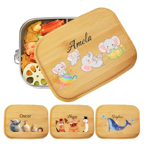 NGBEWU 1200ML Personalisierte Brotdose Kinder mit Fächern | Edelstahl Lunchbox mit Bambusdeckel | Schadstofffrei mit Namen & eigenem Motiv | Geschenk zur Einschulung für Mädchen & Jungen