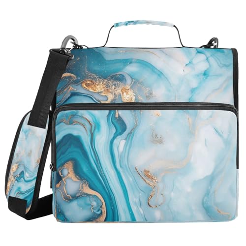 Bseiialft Blue Turquoise Marble Zipper Binder 3-Ring Binder Bag with Shoulder Strap, 500-Sheet Capacity, Multi-Pocket