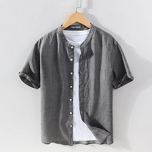 Chemise hawaïenne d'été pour hommes anti-transpiration en coton lin gris foncé boutonné