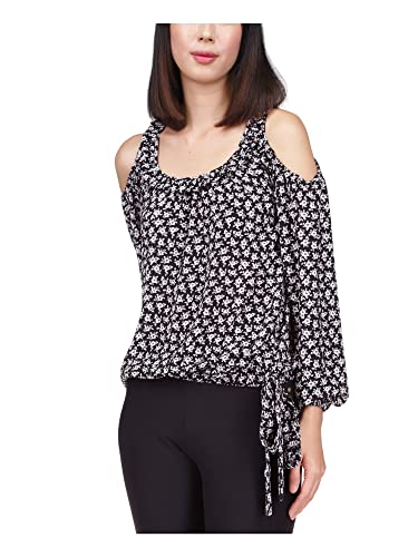 Michael Kors Womens Black Cold Shoulder Tie At Side Hem Floral Long Sleeve Round Neck Blouse S #TOP13