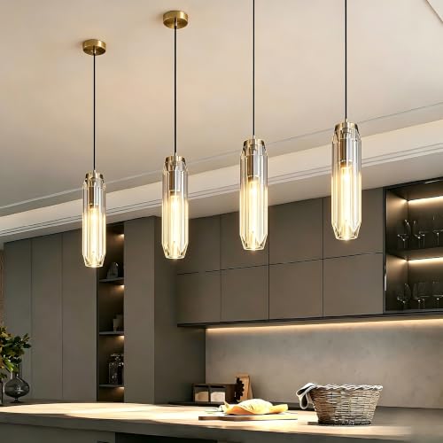 Image of 11.8 inch Modern Pendant Light Fixture with Amber Crystal Lampshade, Adjustable Hanging Ceiling Pendant Lighting for Kitchen Island Dining Room Bar Counter