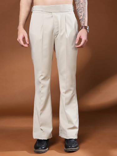 Image of Mens Beige Gurkha Pants with Classic Buckle Closure Premium Casual Bell Bottom Trousers for Men High Waist Pleated Formal & Casual Wear Pant Stylish Retro Flared Bottom Pant